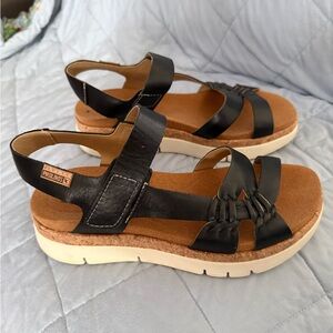 PIKOLINOS Black Leather Platform Slingback Sandals Size 38